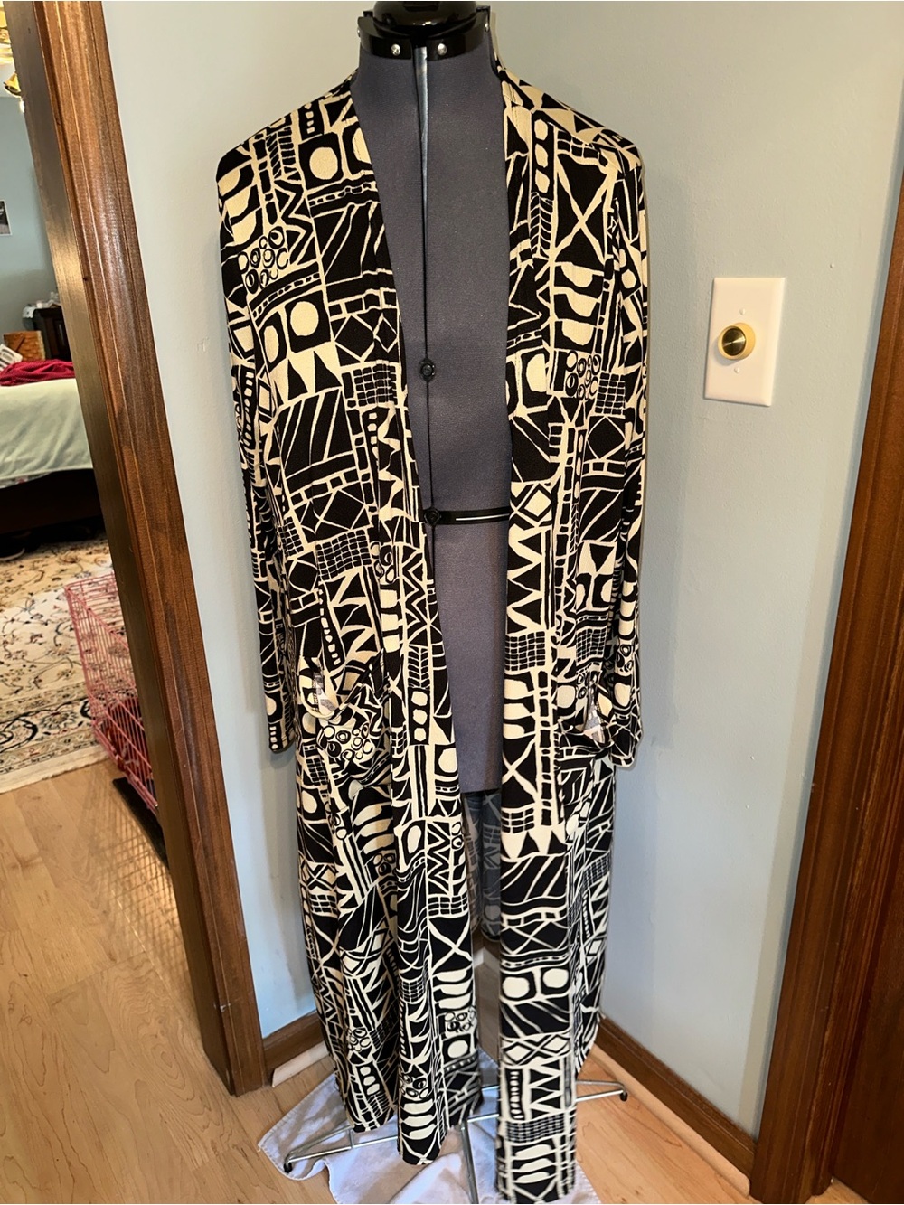 LuLaRoe Sarah Duster Black & Cream Geometric Long Cardigan